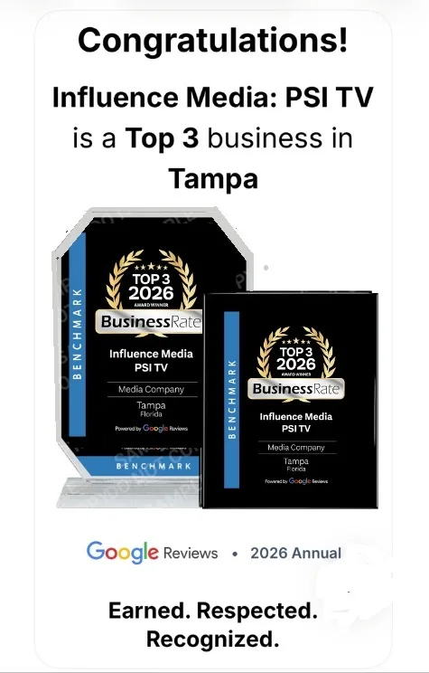 BusinessRate award artwork naming Influence Media: PSI TV a Top 3 media company in Tampa for 2026