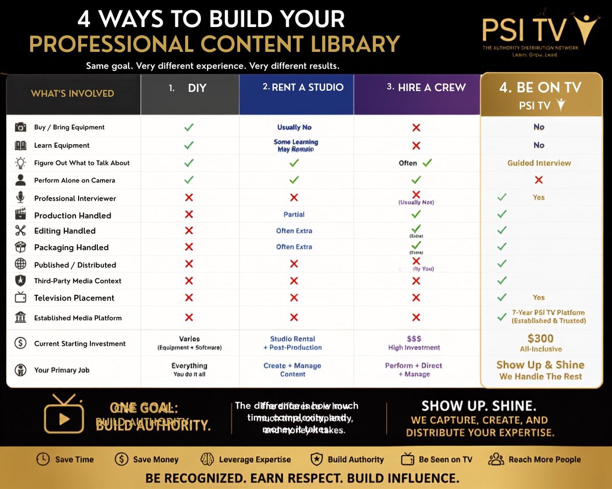 4 Ways to Build Your Professional Content Library — DIY, Rent a Studio, Hire a Crew, or Be on PSI TV