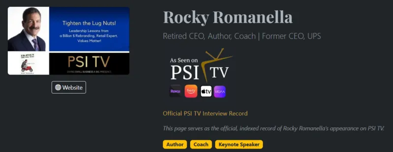 Sample PSI TV Guest Profile - Rocky Romanella, Retired CEO, Author, Coach